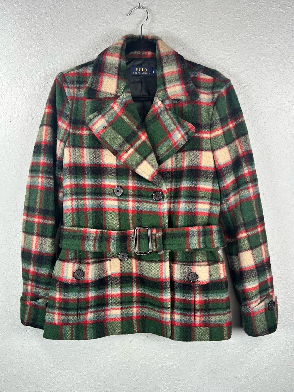 Polo Ralph Lauren Wool Tartan Plaid Belted Peacoat Jacket 4 - Picture 2 of 10